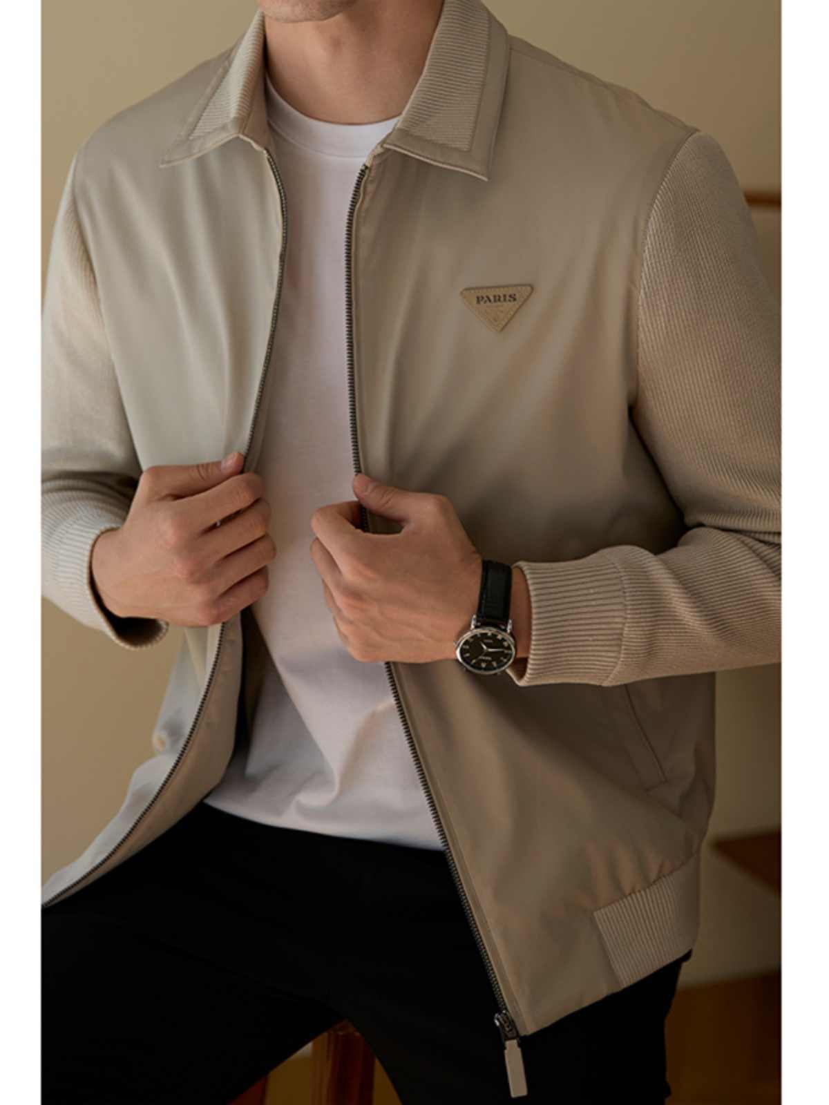 Men's Casual Splicing Coat – Fleece-Lined Fashion Jacket in Black and Beige - Tresado