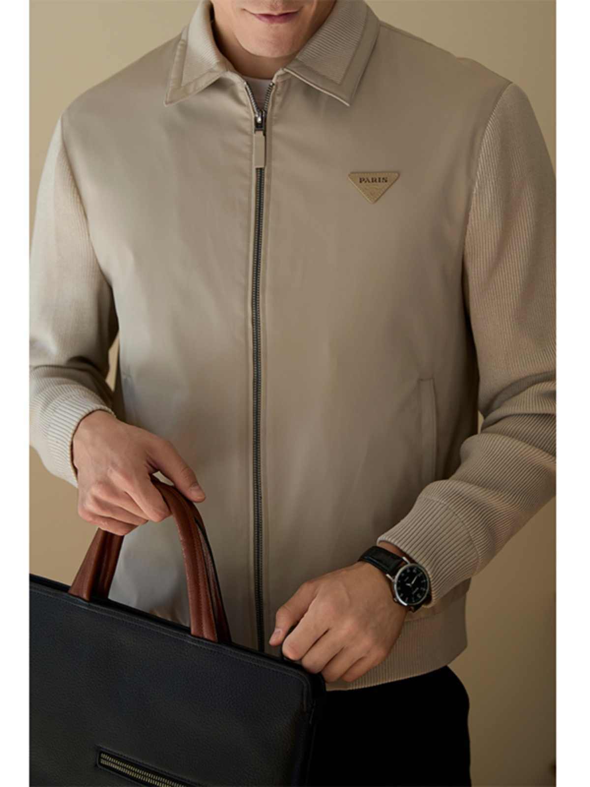 Men's Casual Splicing Coat – Fleece-Lined Fashion Jacket in Black and Beige - Tresado