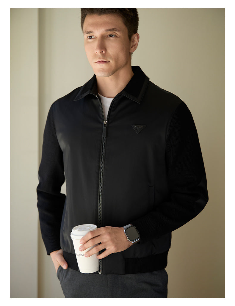 Men's Casual Splicing Coat – Fleece-Lined Fashion Jacket in Black and Beige - Tresado