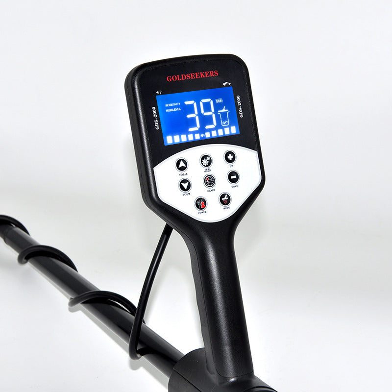 Professional treasure detector with 5" x 10" DD coil and ergonomic design.