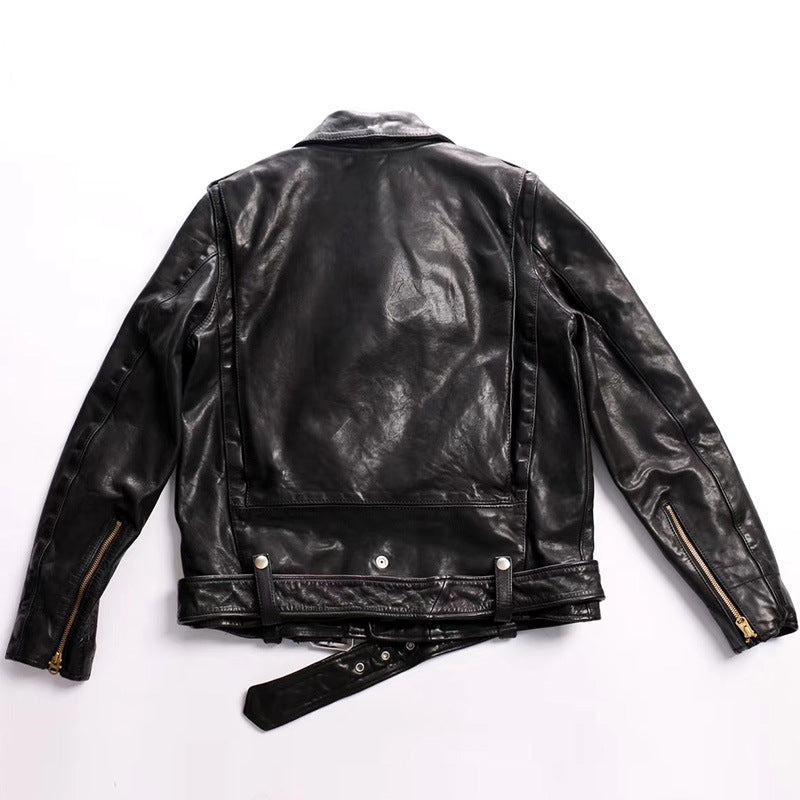 Rear view of plain black men’s motorcycle jacket in horse leather