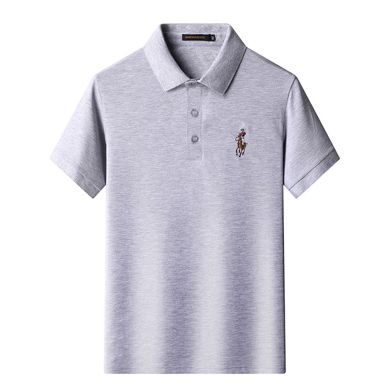 Backside view of black lapel collar short sleeve T-shirt