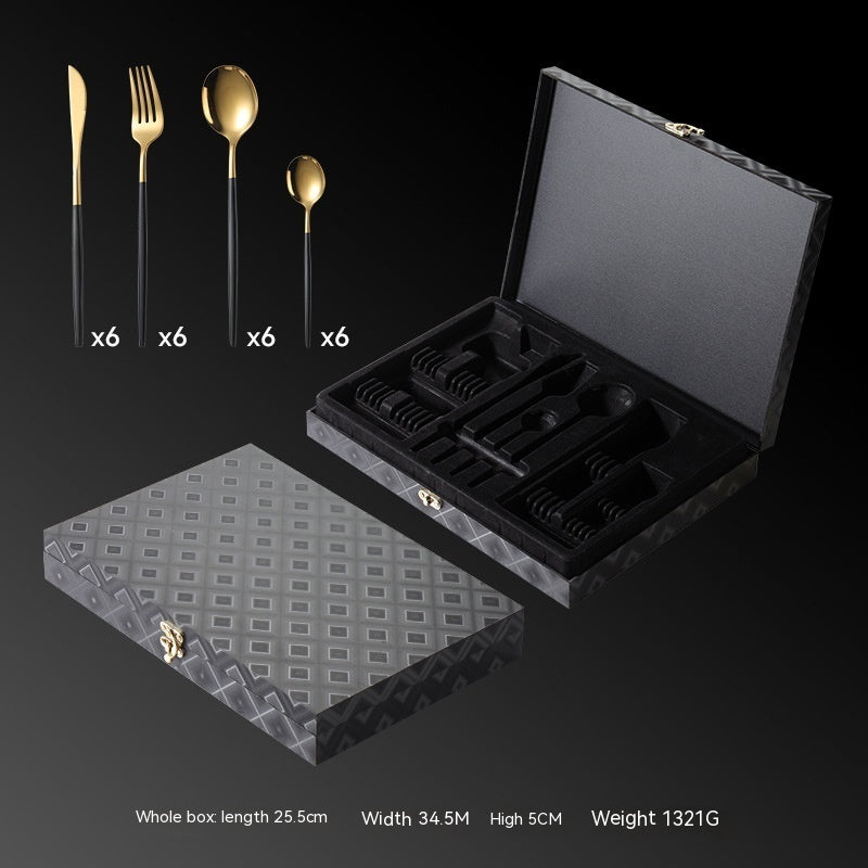 Compact folding paper box packaging for the black gold titanium-plated 24-piece tableware set.
