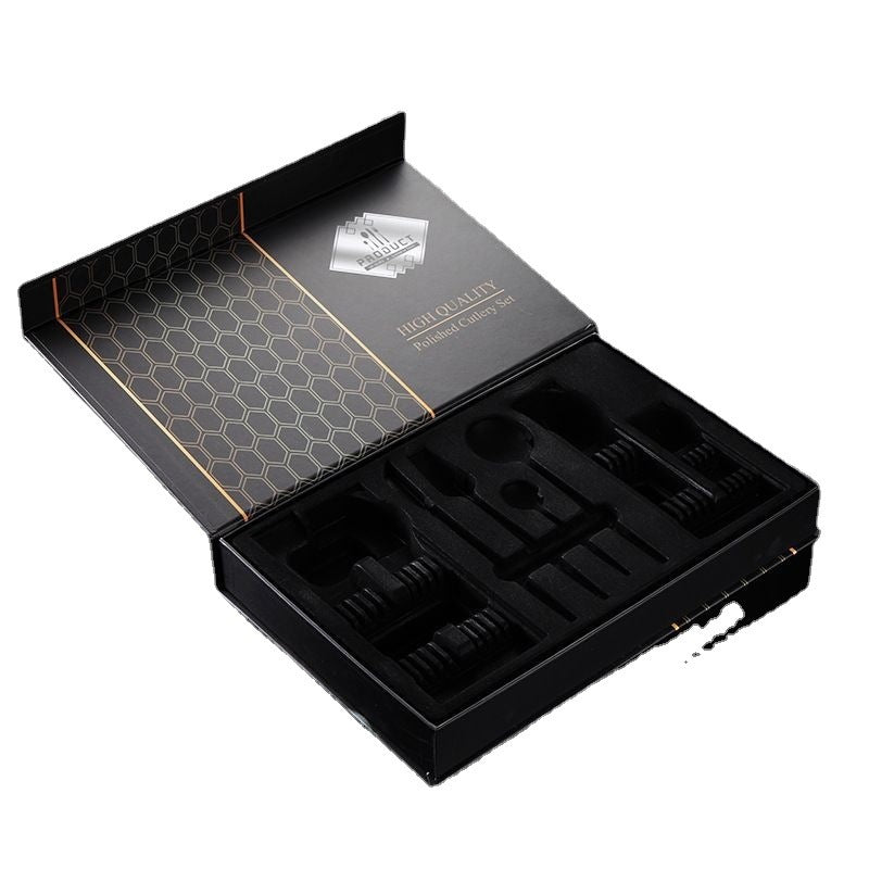 Luxurious black gold titanium-plated tableware set in a stylish color box for elegant dining.