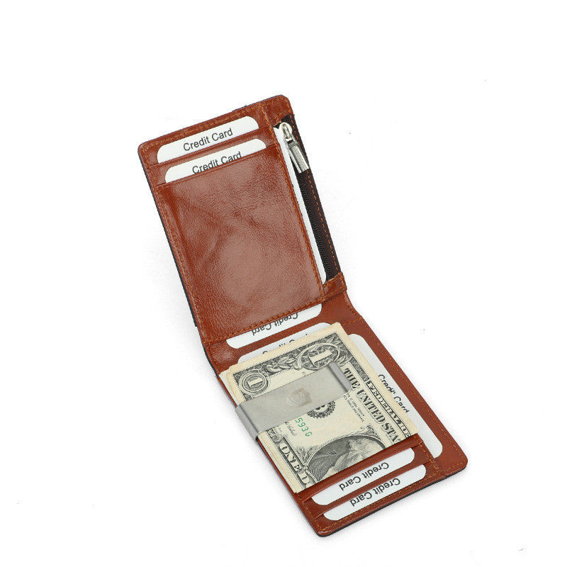 Brown RFID-blocking leather wallet for men, showcasing interior compartments.