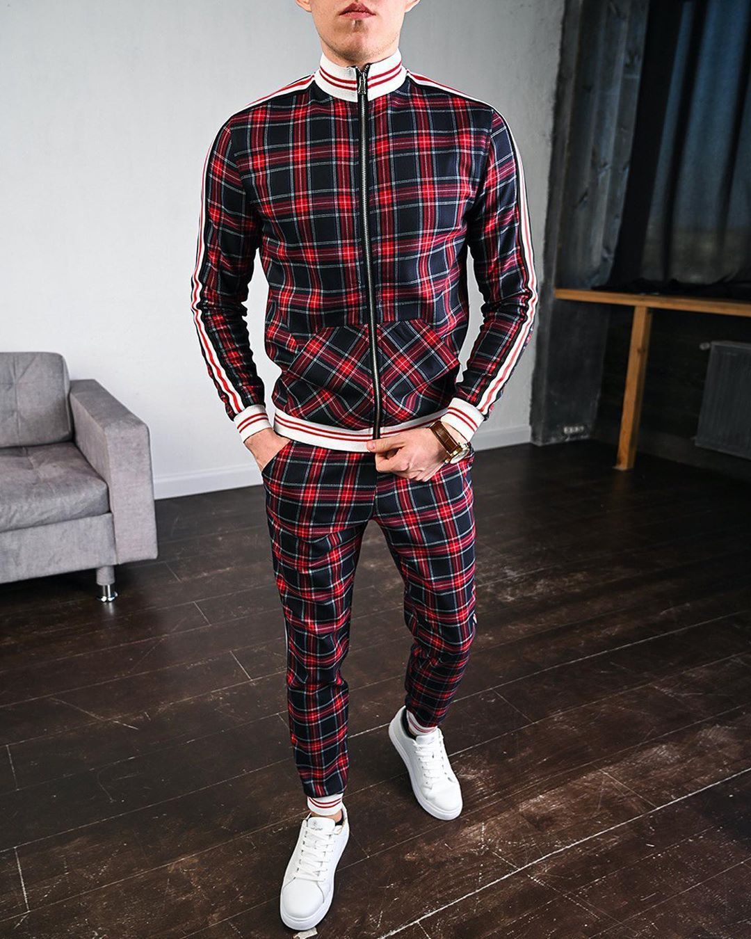 Men’s brown striped jacket and trousers worn casually