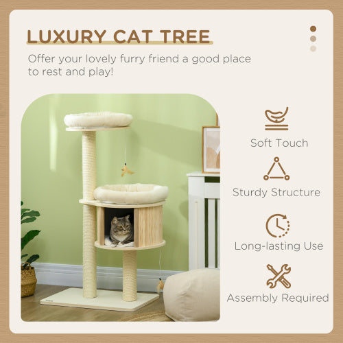 Cat batting at attached badminton toy on multi-tier activity tower