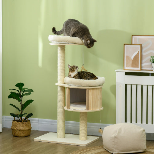 Elevated cat condo with soft resting areas and cozy enclosed space