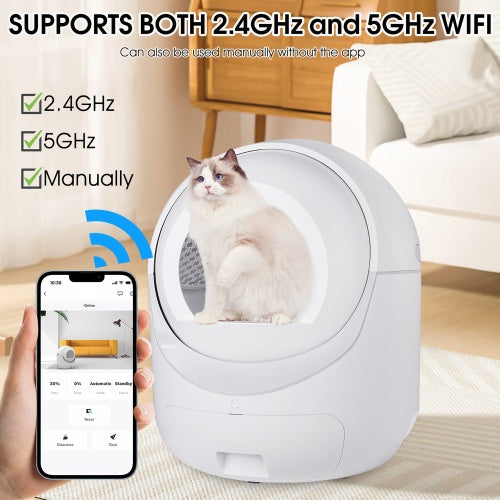A cat using the Smart Automatic Litter Box, demonstrating its spacious and comfortable design.