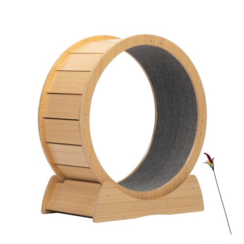 Furry cat running on a wooden exercise wheel indoors