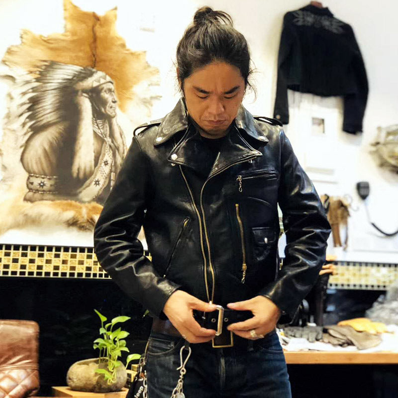 Detailed texture of premium horse leather on men’s riding jacket
