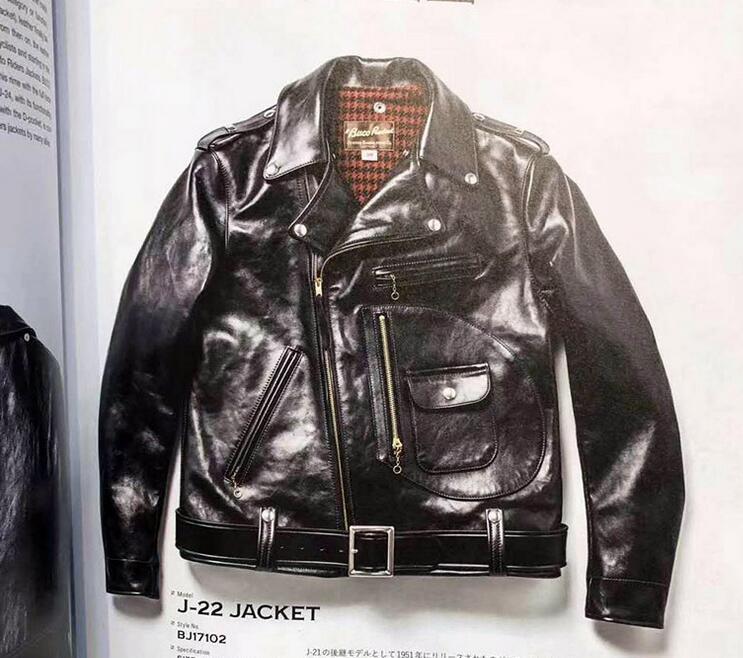 Close-up collar design of black horse leather motorcycle jacket