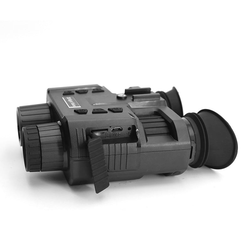 HD night vision binoculars displayed alongside included accessories such as a USB cable and hard case.