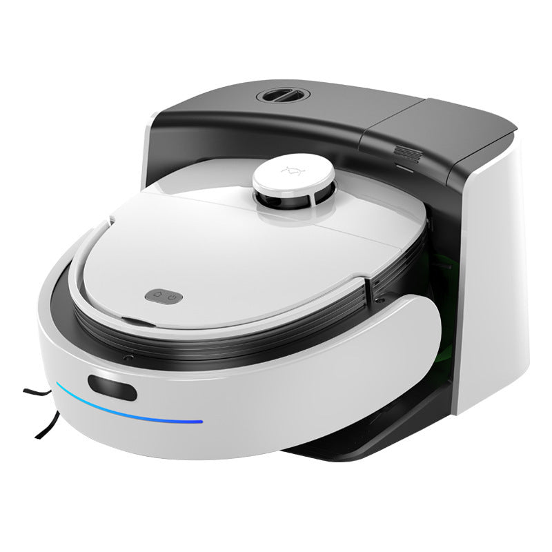 The robotic vacuum displayed on a wooden table with a minimalist, modern aesthetic.
