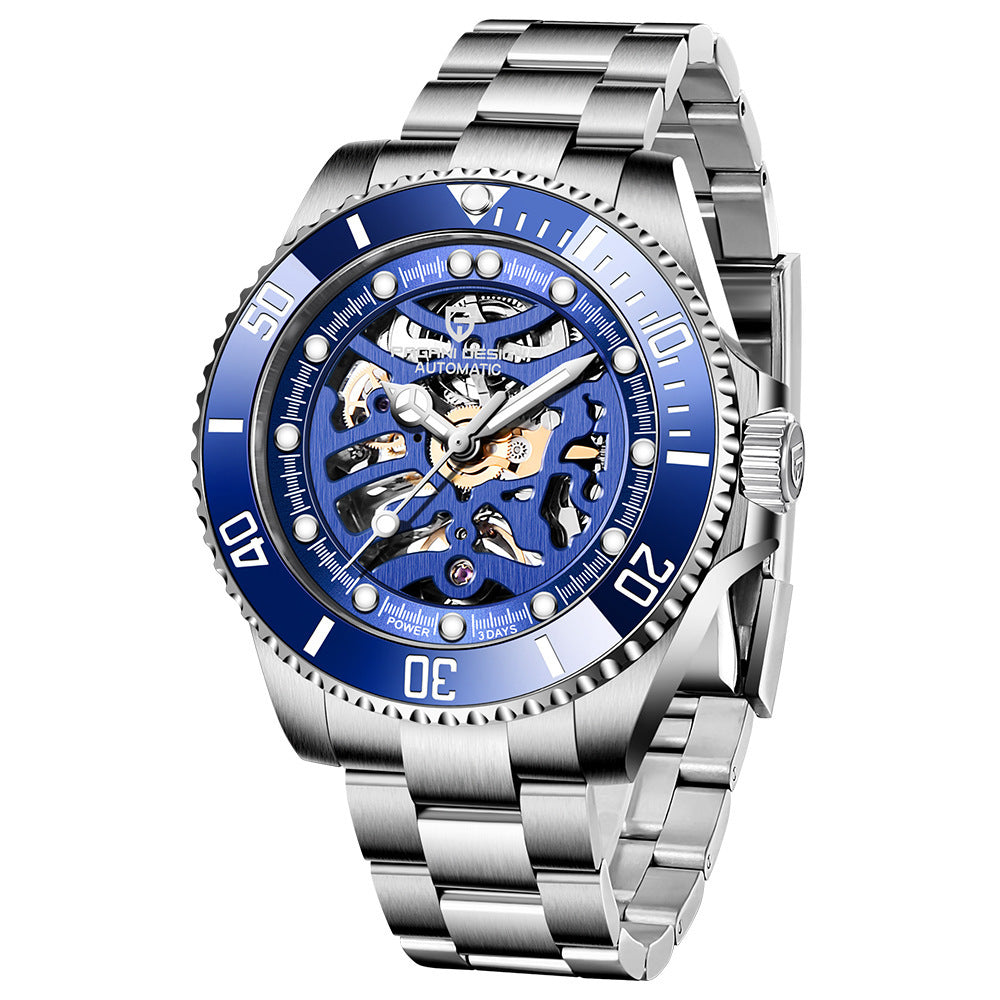 Lichtgevende wijzerplaat van een stijlvol herenhorloge met mechanische beweging.