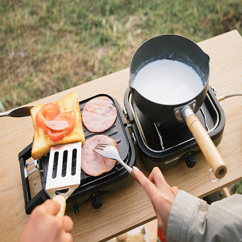 Fully expanded view of the dual-burner gas stove, perfect for 1-2 people.