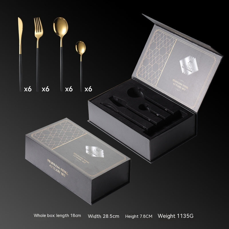 High-quality stainless steel tableware set with a sophisticated black gold titanium-plated finish.