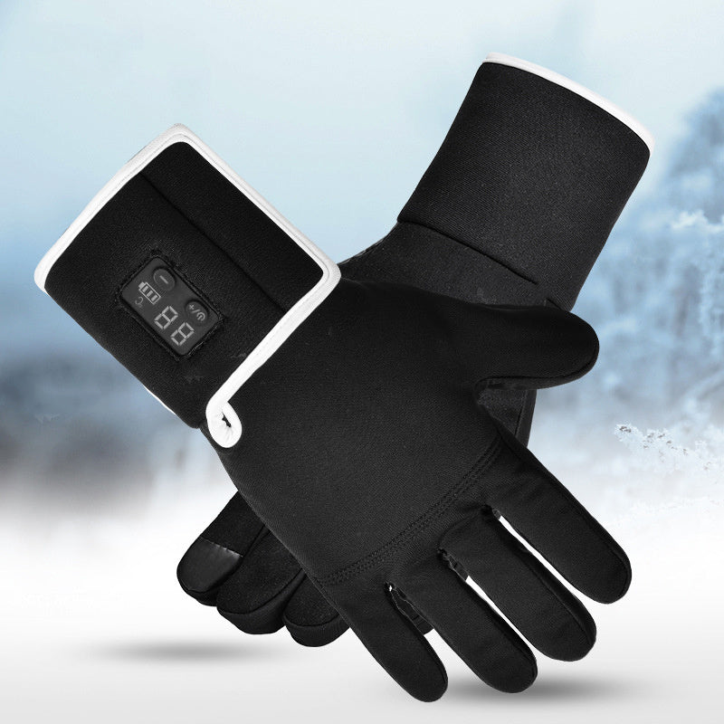 Black heated gloves made from nylon microfiber, Lycra, and velvet for durability and flexibility.