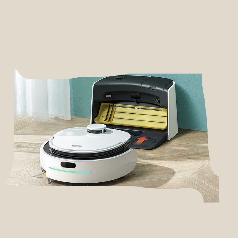 A robot vacuum seamlessly switching between sweeping and mopping modes on a tiled floor.