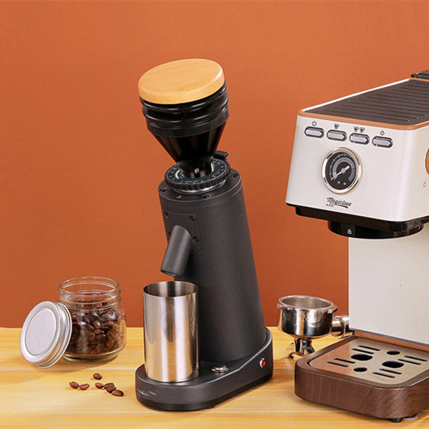 Full view of the Electric Bean Grinder with an aluminum alloy body and sleek Italian design.