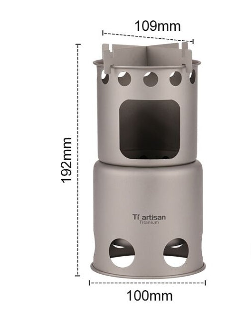 Titanium stove burning wood outdoors during field test