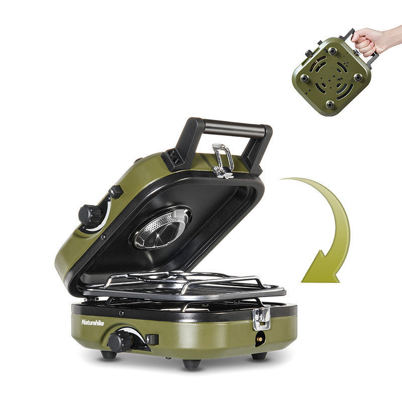 Folded and compact gas stove, ideal for easy packing and outdoor portability.