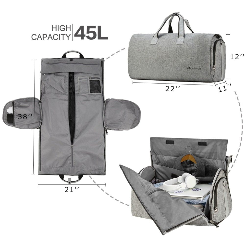 Folded carry-on duffel with adjustable strap and sleek design