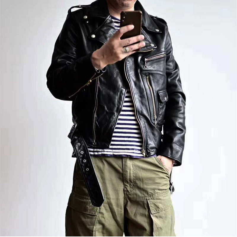 Front shot of men’s black horsehide leather motorcycle jacket