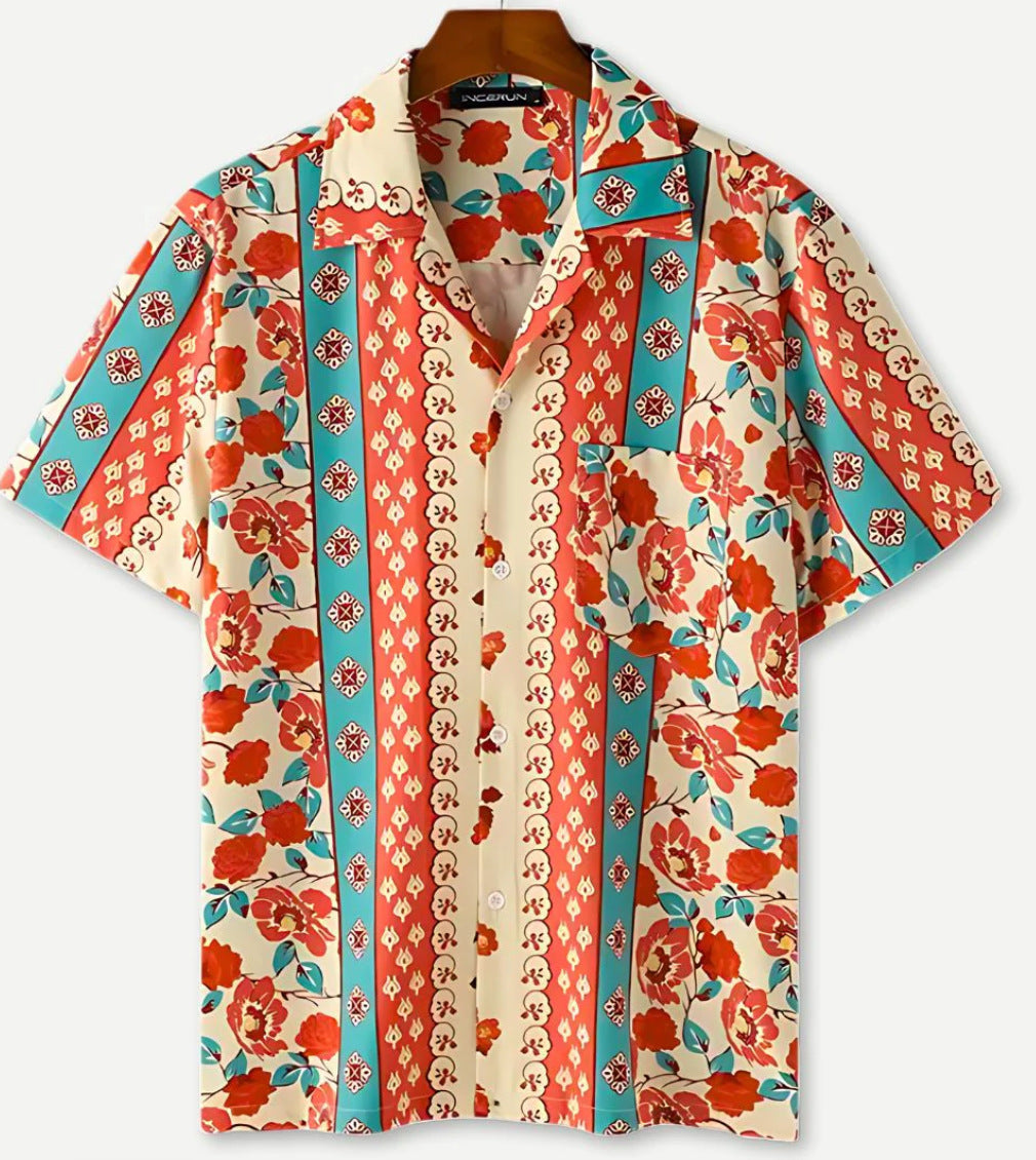 Man wearing HX_A3 floral shirt in relaxed seated pose
