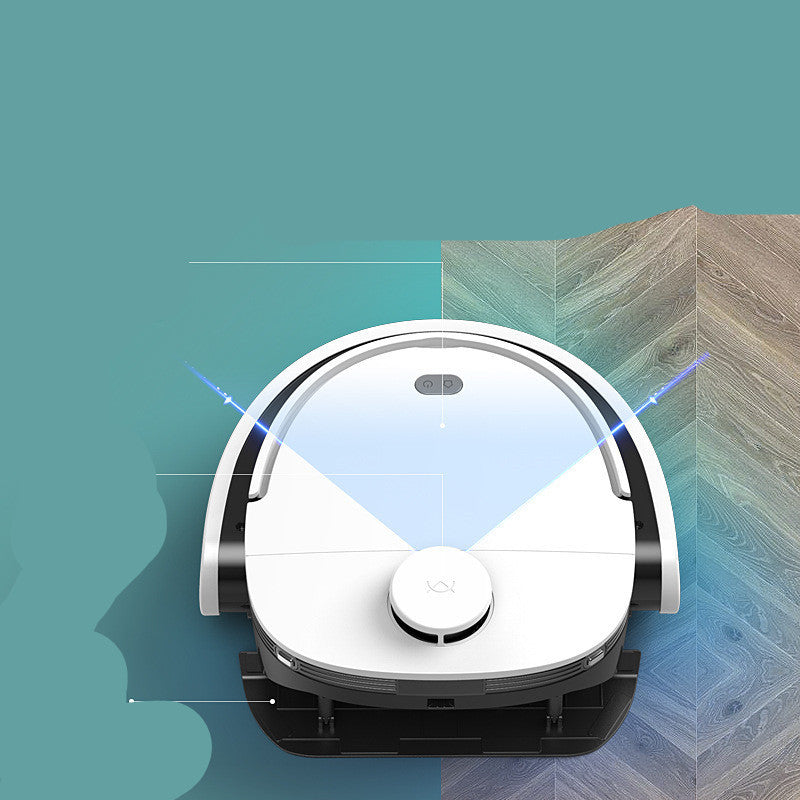Sweeping and mopping robot vacuum displayed with its charger and included accessories.