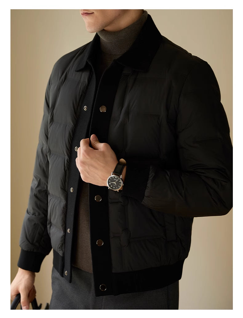 Side angle of men’s short patchwork coat showcasing clean urban tailoring