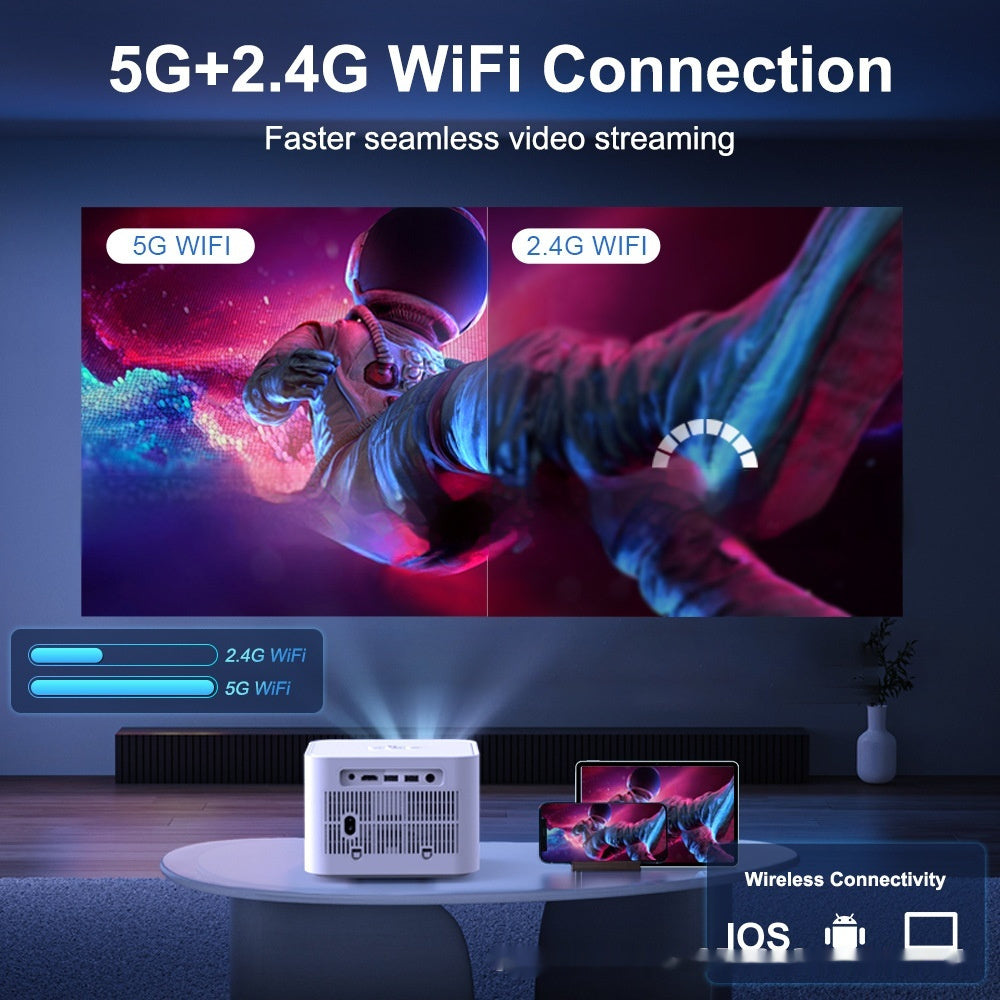 Compact HD home theater projector with a large 40-200 inch display and vibrant LED visuals.
