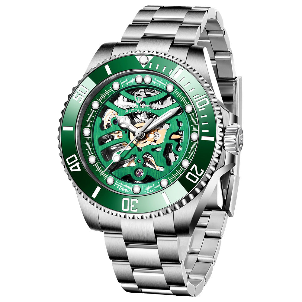 Hoogwaardige saffierkristalglas van een mechanisch herenhorloge.