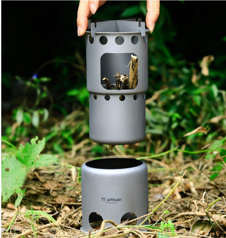 Close-up of Tiartisan logo on ultralight titanium stove
