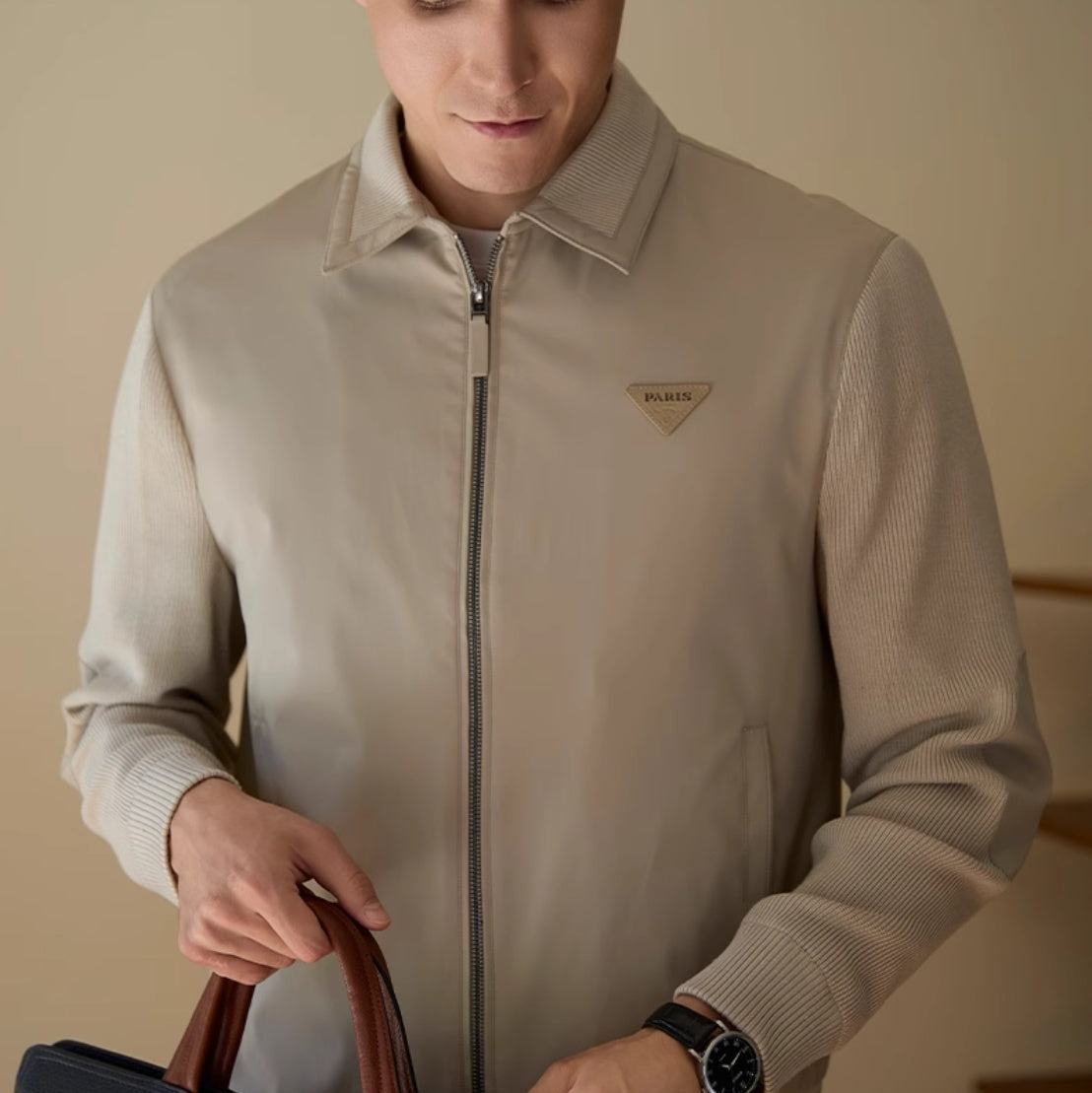 Front view of a men's casual splicing coat in black, fleece-lined and stylish.