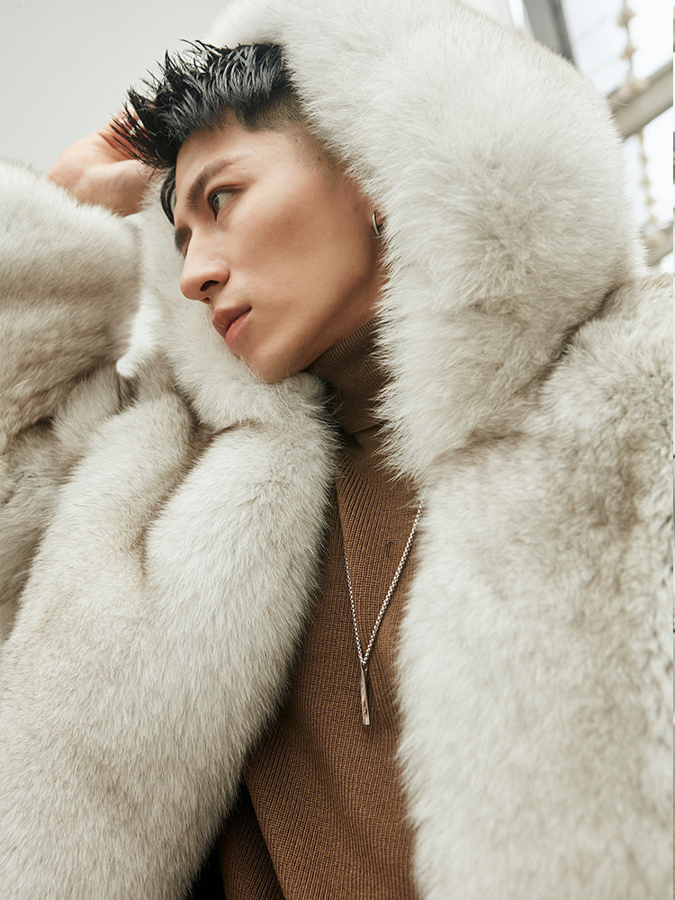 Size chart for men's fox fur coat in sizes M to 3XL, with bust, shoulder, sleeve, and length details.