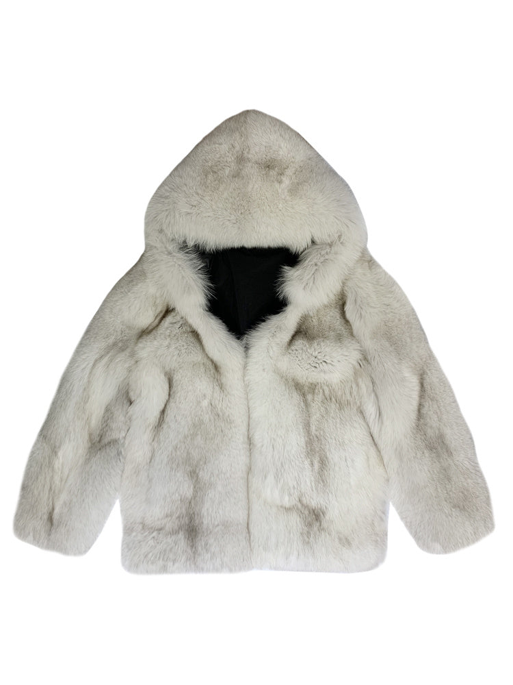 Back view of a beige men's fox fur lapel coat, showcasing sleek design.