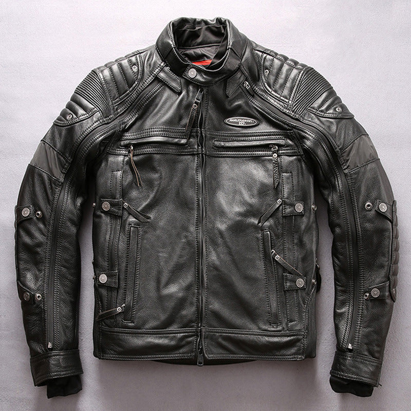 Front view of men's genuine leather motorcycle jacket with stand collar, fitted design.