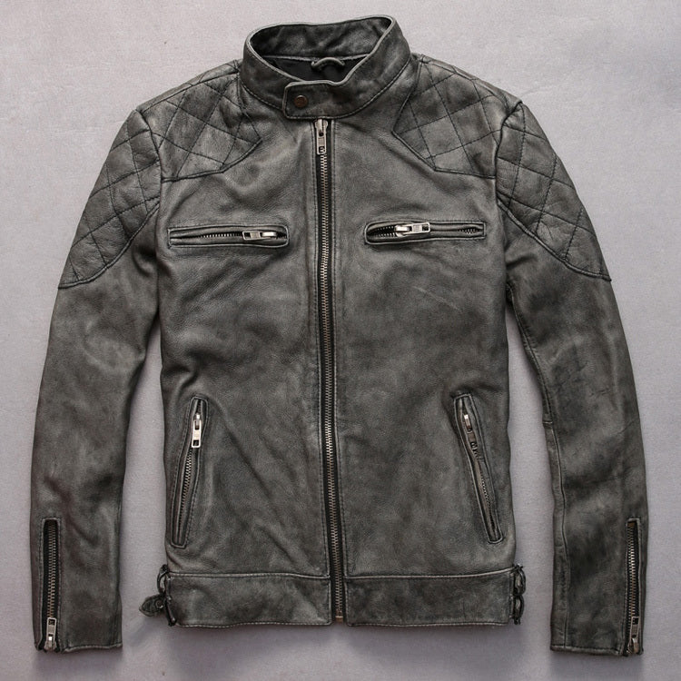 Full-body view of the leather jacket in grey, styled for a casual outing.