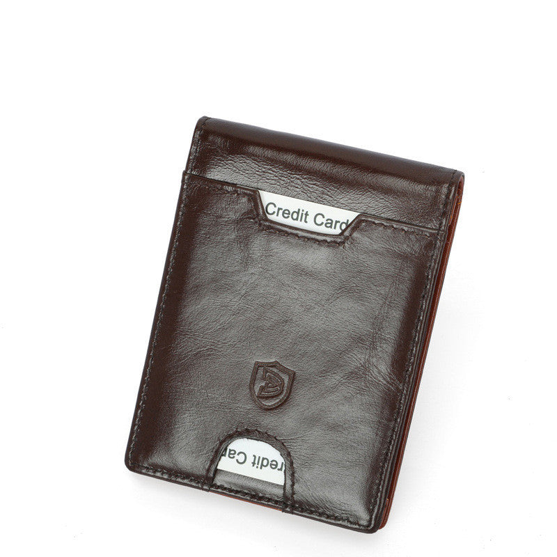 RFID leather wallet for men styled with accessories in a modern business setting.