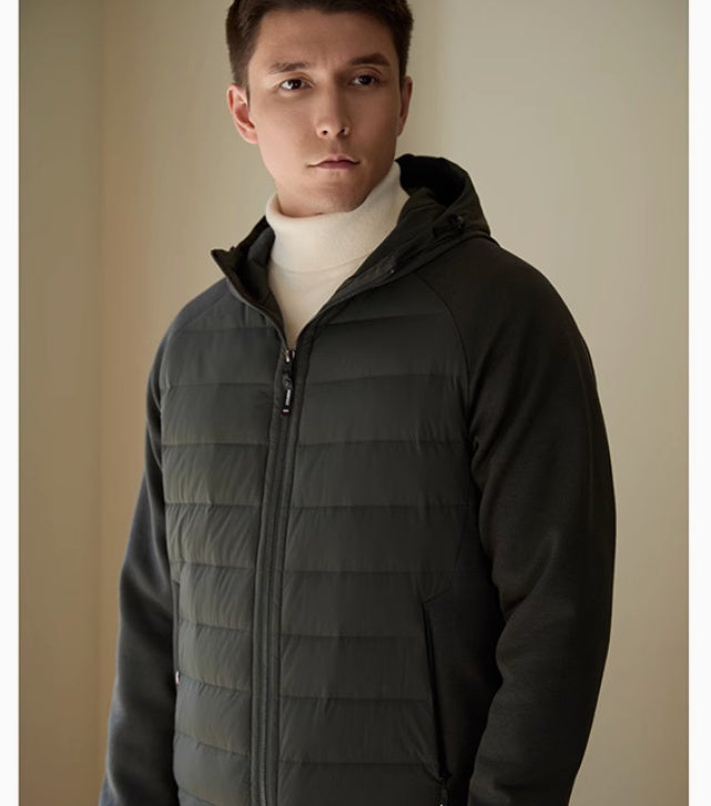 Lifestyle shot of the men’s hooded down jacket worn casually with jeans