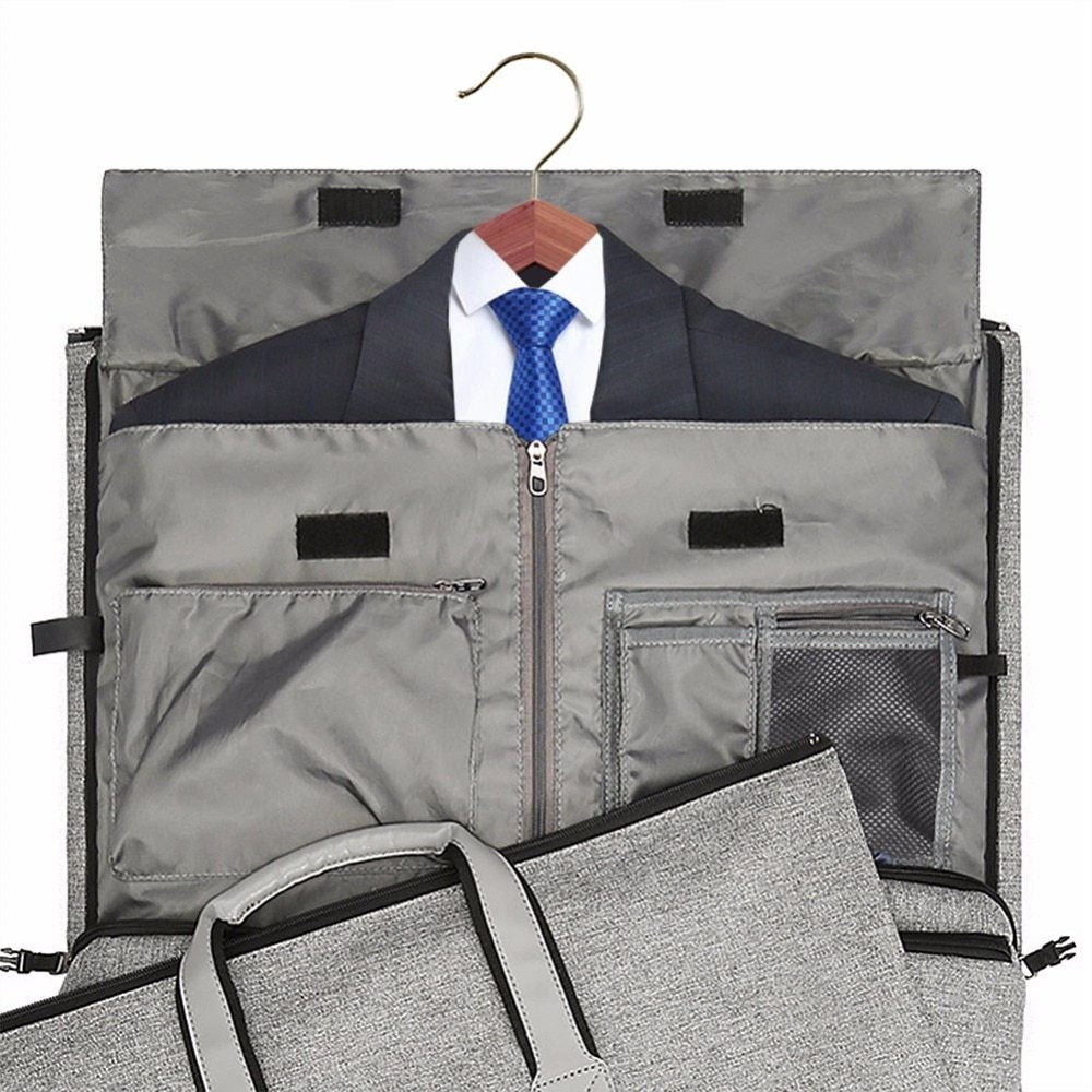Travel duffel showing seven exterior pockets for organized packing