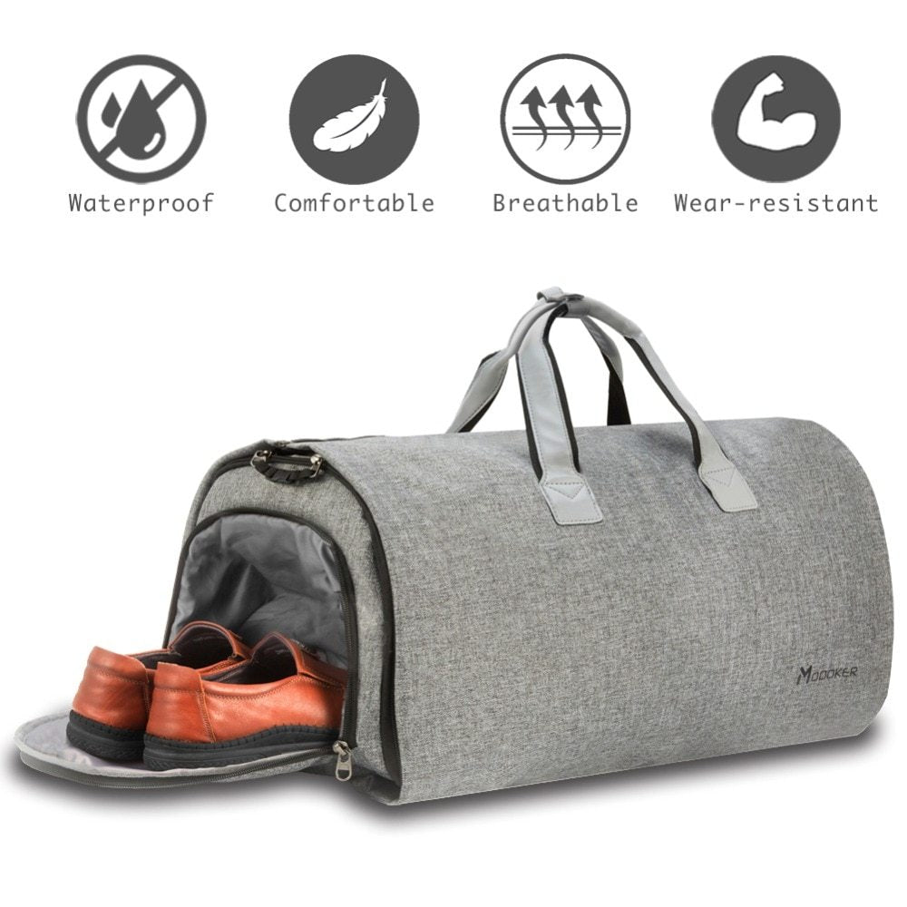 Garment bag fully opened with suit hanging inside, ready for use