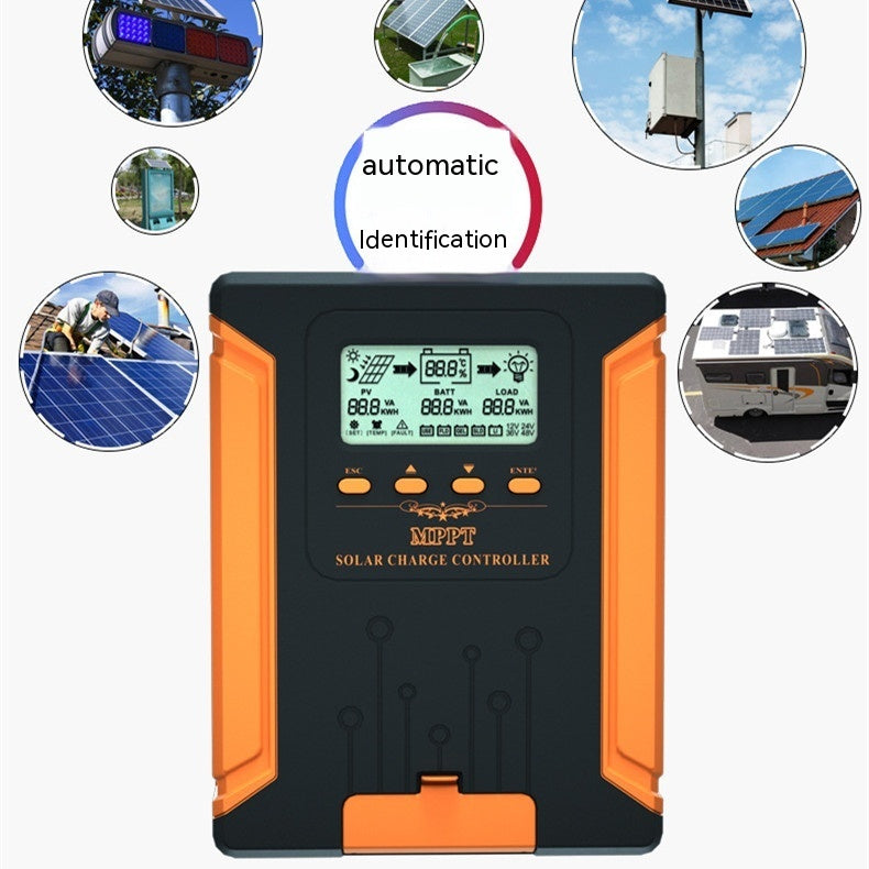 Image highlighting the controller's automatic voltage identification feature for 12V to 48V systems.