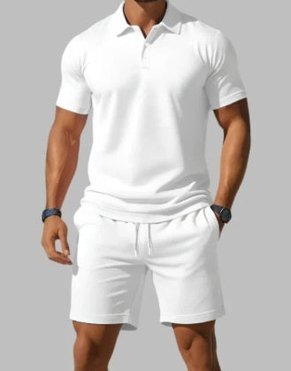 Man wearing premium RX Style 11 polo shirt and shorts outdoors