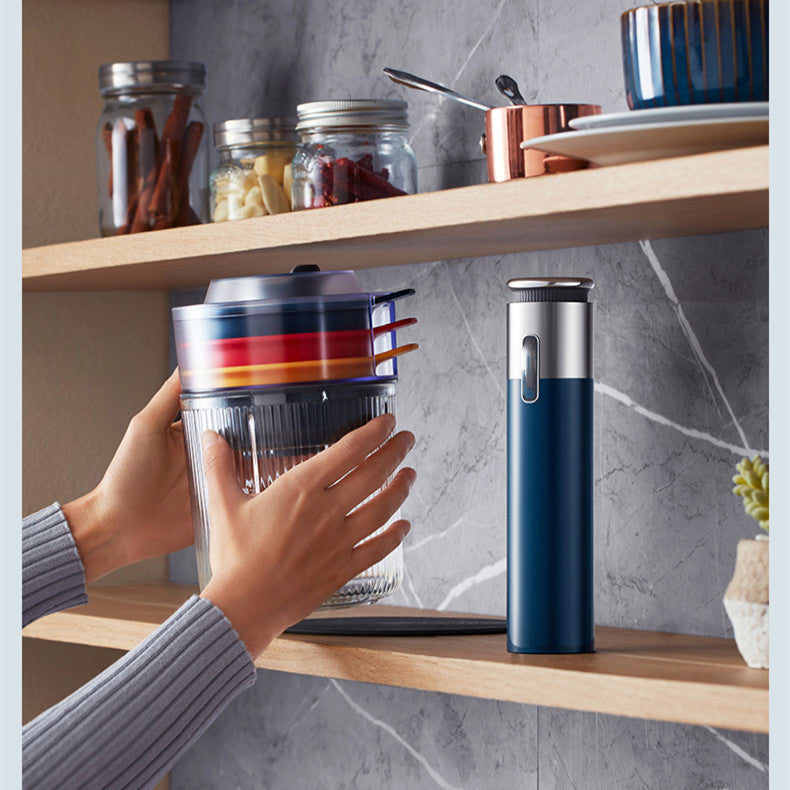 Sleek Quiet Blue electric grinder with a modern design, perfect for everyday kitchen use.
