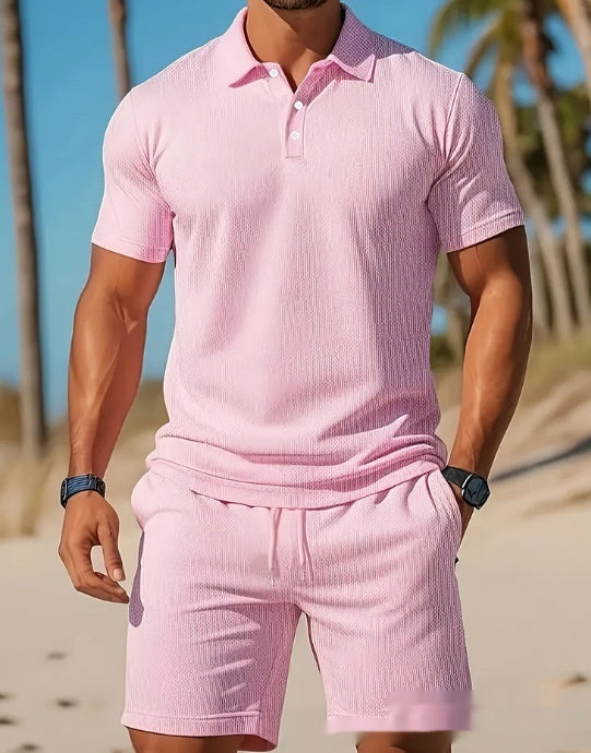Flat lay of RX Model 8 polo and shorts matching set