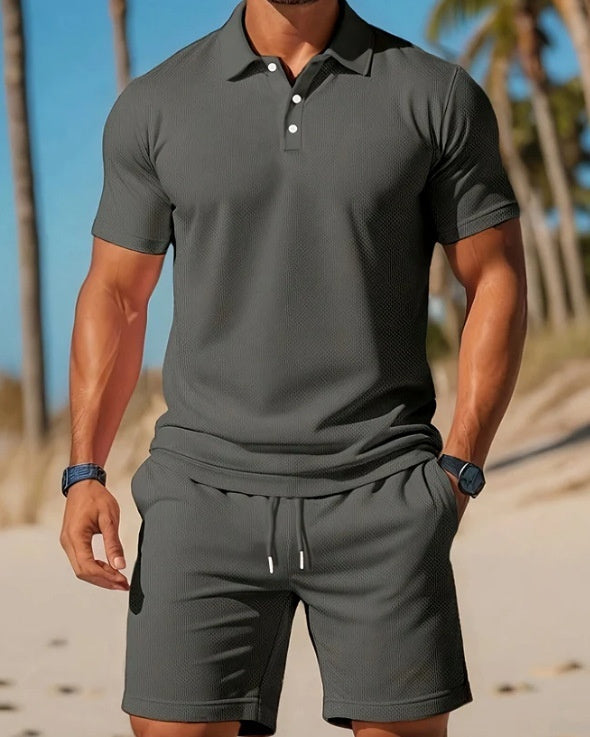 Backside of men's short sleeve polo and shorts in RX Style 10
