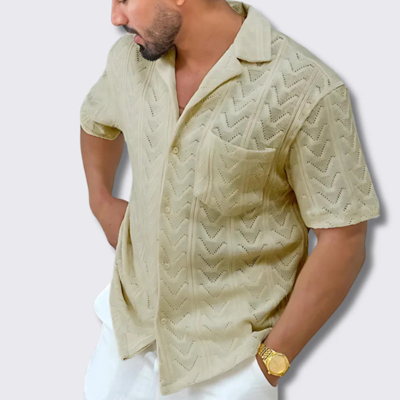 Front view of retro ethnic 3D printed short sleeve shirt for men