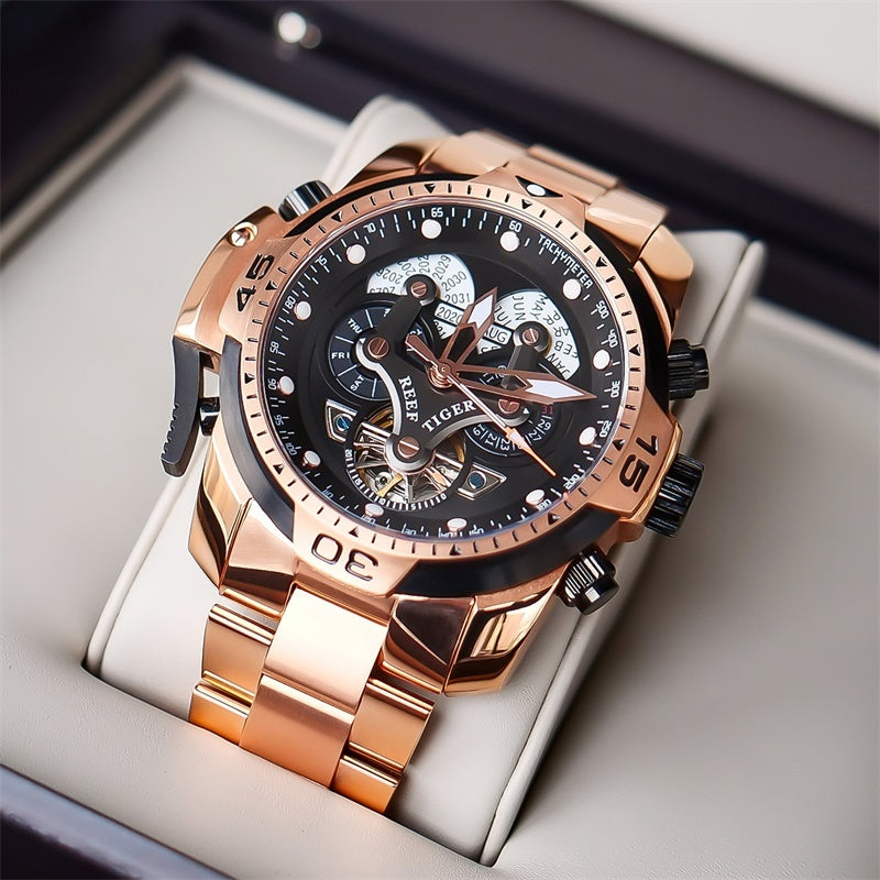 Rosé gold watch with a bold black dial and polished finish, set inside a premium box, showcasing its timeless elegance.